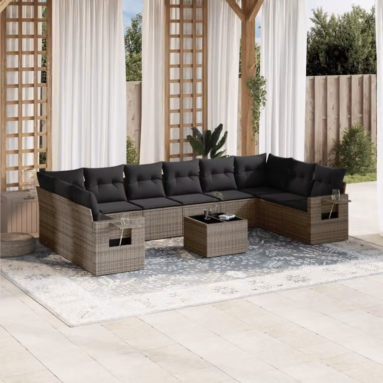 vidaXL Set Divani da Giardino 11 pz a Forma a L con Cuscini in Polyrattan e Tavolino, Grigio