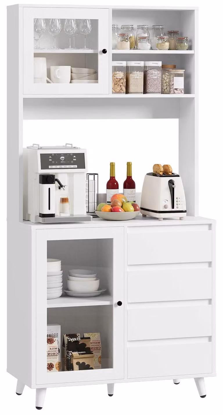 Credenza alta da cucina - Credenza portaoggetti con spazio contenitivo - 180x80x40 cm - 4 cassetti - Ante in vetro - Piano di lavoro - Pannello truciolare moderno - Bianco