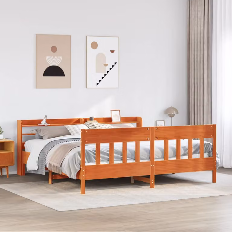 Letto in legno di pino massiccio vidaXL stile rustico color marrone cera con ripiani laterali L: 200 cm, P: 200 cm, H: 210 cm