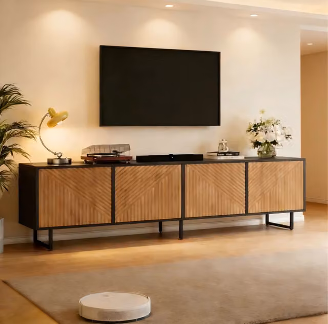 Mobile porta TV 180 x 40 x 50 cm con 4 ante; per TV di circa 80 pollici; in pannello truciolare; naturale e nero