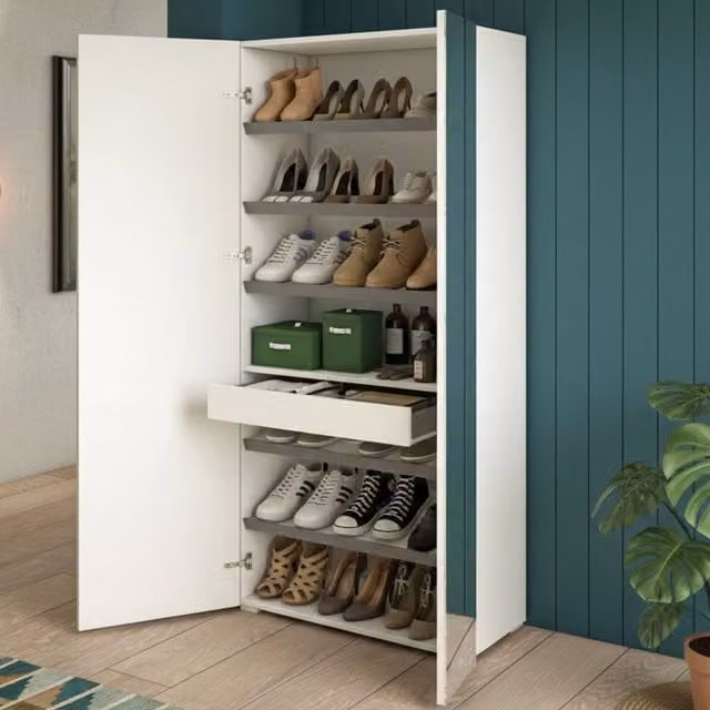 Mobile Portascarpe Eracle DMORA Bianco con Specchio e 6 Ripiani L/P/H: 72 x 37 x 195 cm