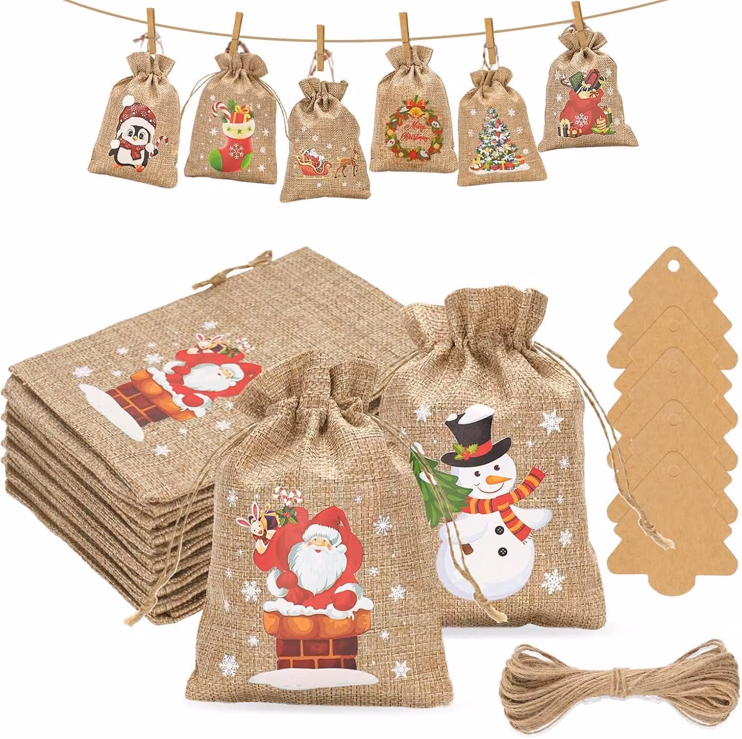 Sacchetti natalizi per calendario dell'Avvento - Set da 24 - 10 x 15 cm - Sacchetti di juta per Natale con 24 decorazioni per albero da utilizzare nel calendario dell'Avvento - Decorazioni per l'albero di Natale