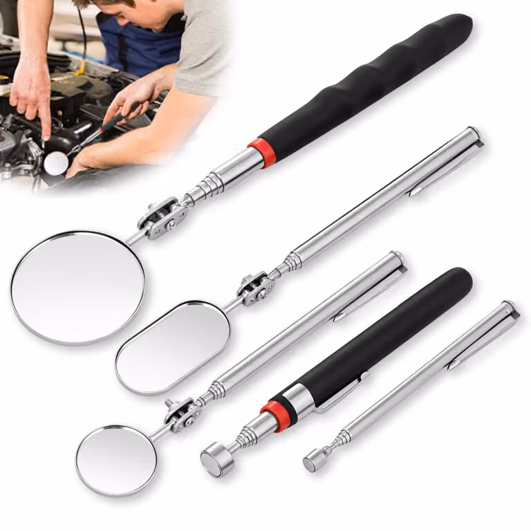 Kit di specchi per ispezione, composto da 3 elementi, telescopici, con 2 aste magnetiche, per raggiungere punti difficilmente accessibili