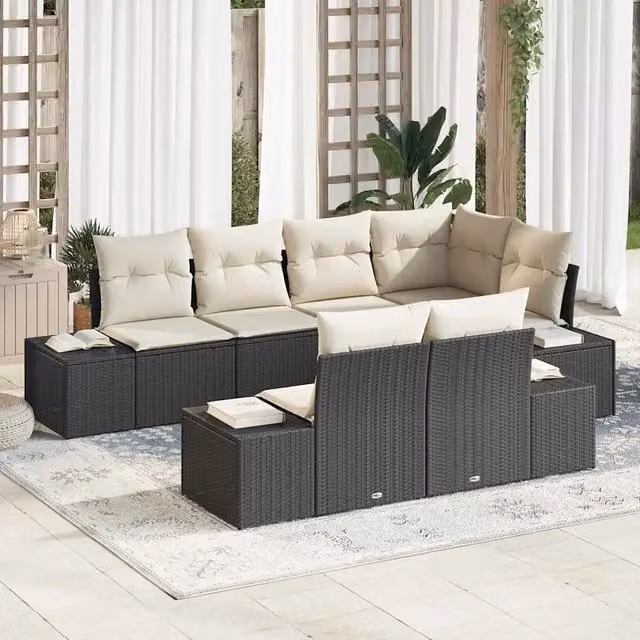 Set Divano da Giardino 7 pz Nero e Crema polyrattan 3355766