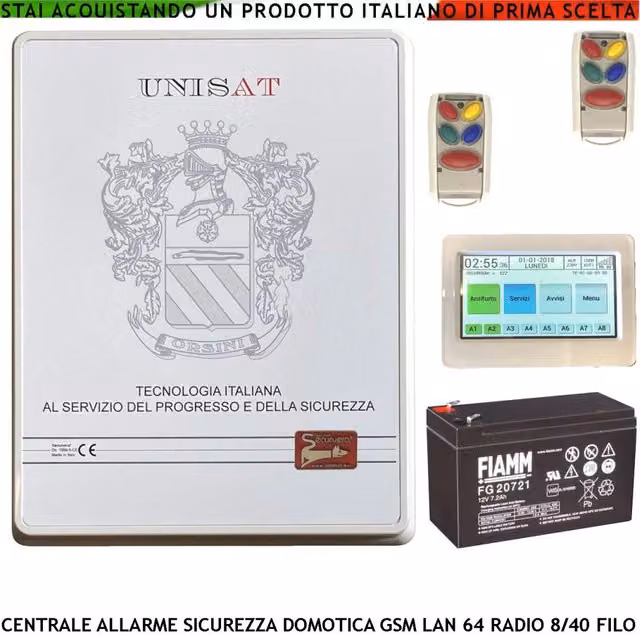 Impianto di Allarme Filo Securvera Unisat con 8 Zone, Gestione RFID, 2 Radiocomandi e Controllo via App, Colore Bianco
