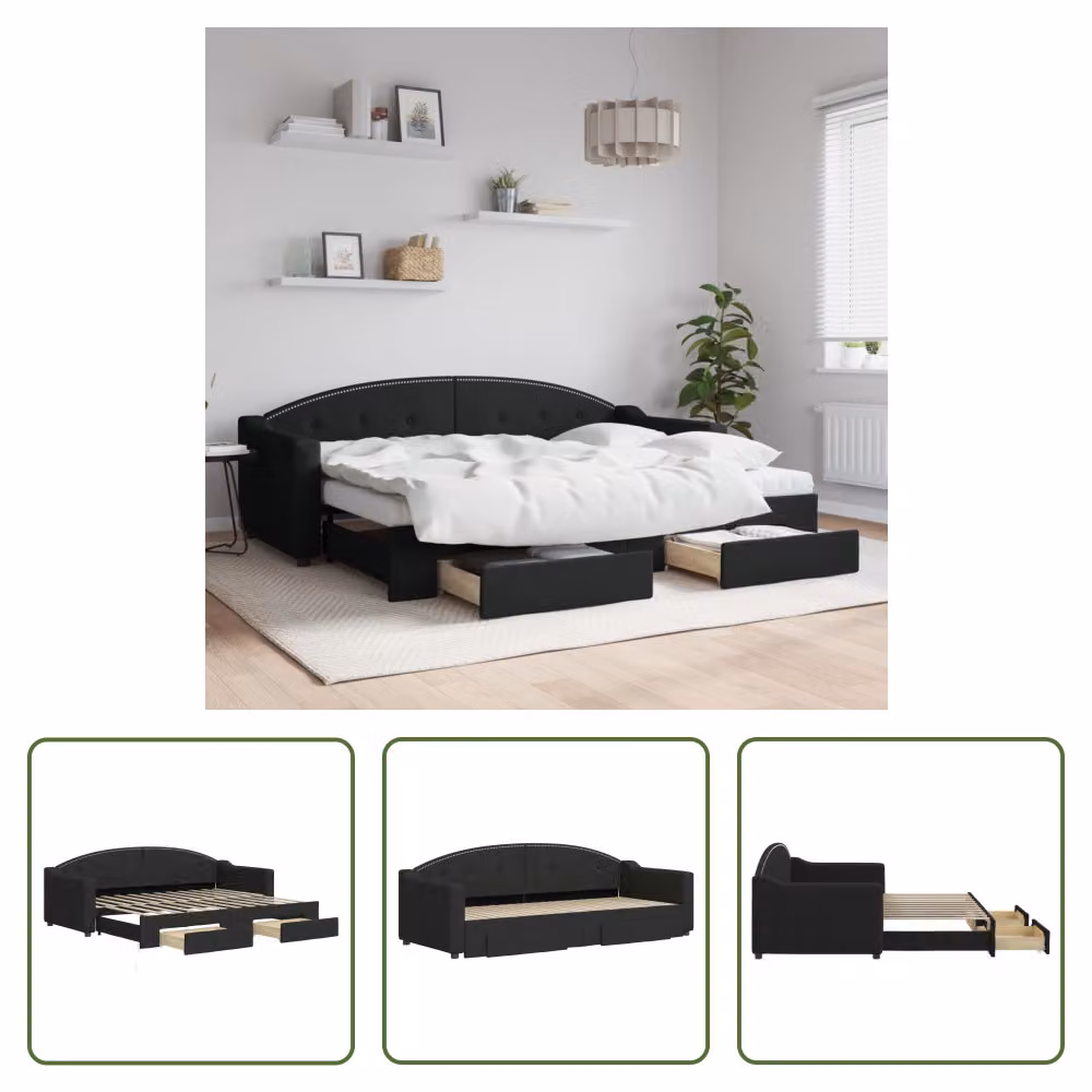 The Living Store Lettino allungabile con cassetti nero 80x200 cm in tessuto