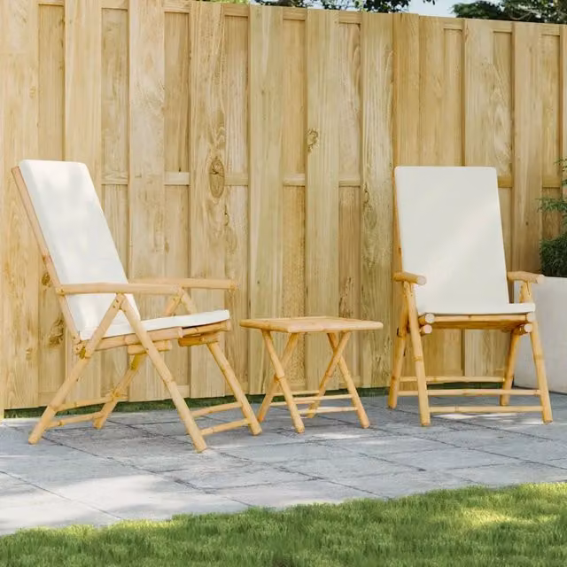 Set da Bistrot Pieghevole 3 pz vidaXL in Bambù Bianco e Beige con Cuscini – 1