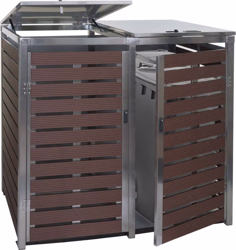 XL 2 posti/4 posti HWC-K14, contenitore per rifiuti, 117x144x102cm WPC acciaio inox 88kg ~ aspetto legno di noce