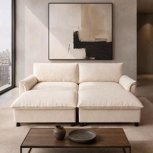 Divano modulare convertibile in letto in chenille Beige 216x77x82 cm