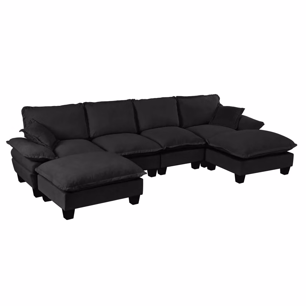 Divano panoramico a U Chicfurn da 6 posti modulare con ottomana rimovibile in ciniglia nero L: 323 cm, P: 151 cm, H: 90 cm – 2