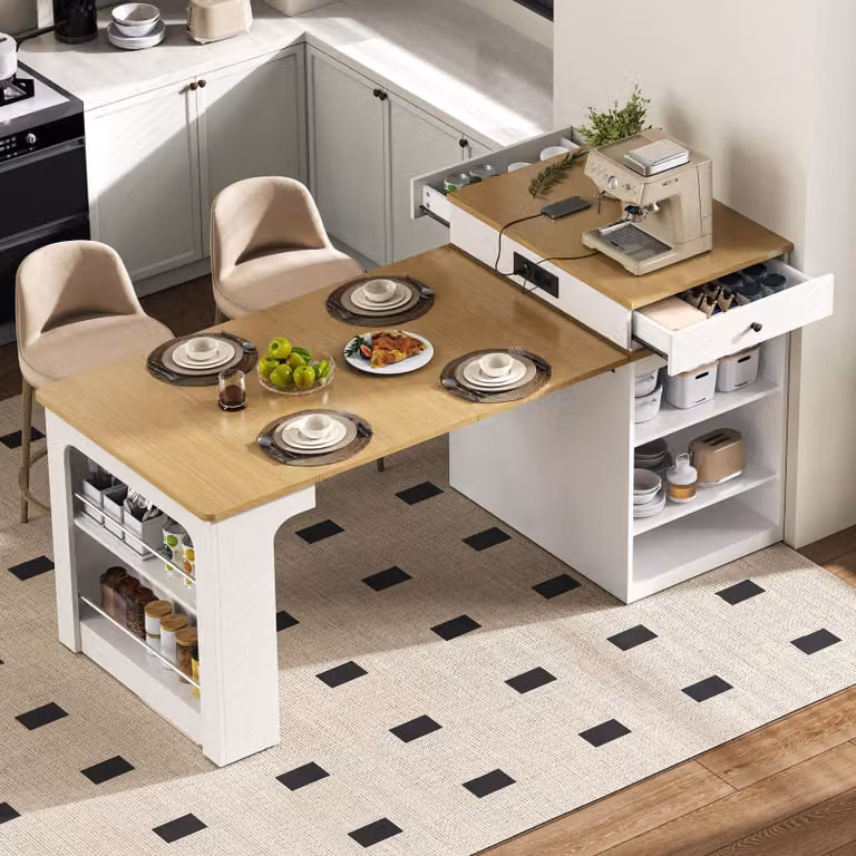 Isola da cucina STILVORA con ruote, tavolo da pranzo estendibile con piano removibile, bancone con prese elettriche, carrello da cucina per cucina e sala da pranzo, colore bianco