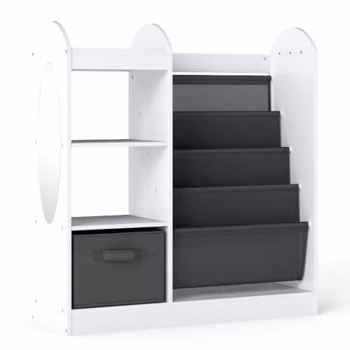 Helloshop26 Libreria per bambini, 87,5 x 30 x 90 cm, con specchio e cassetto grande in tessuto, organizer pratico, bianco 20_0018977