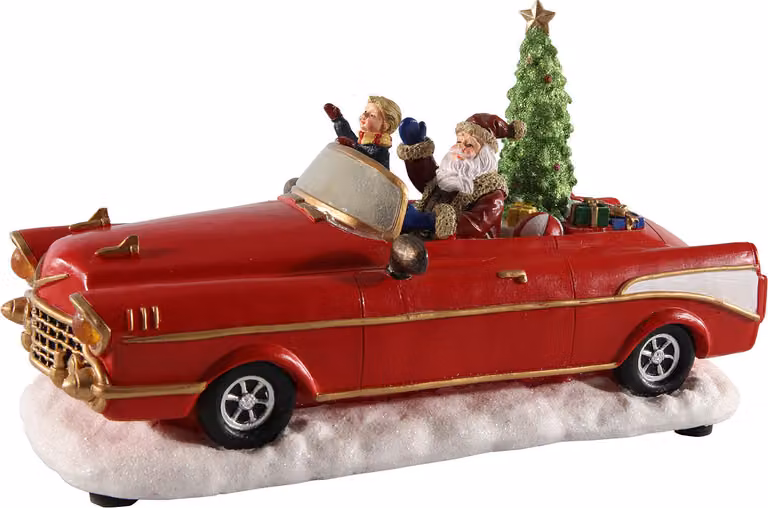 Scena natalizia a LED "Babbo Natale in auto d'epoca" rosso - 25 cm / batteria - Decorazione da tavolo con movimento sonoro e illuminazione colorata