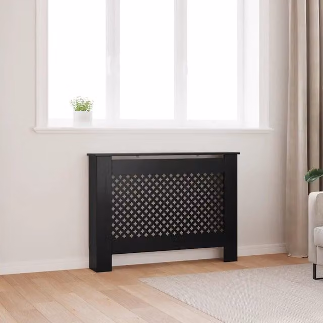Copertura per radiatore VIDAXL nera in MDF con design geometrico moderno, L 112 cm x P 19 cm x H 81 cm