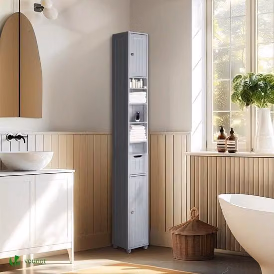 Cassettone per bagno alto - Cassettone spaziale a svaso - Cassetto alto con porte e cassetto - Grigio - 20x20x180 cm cassettone per bagno alto