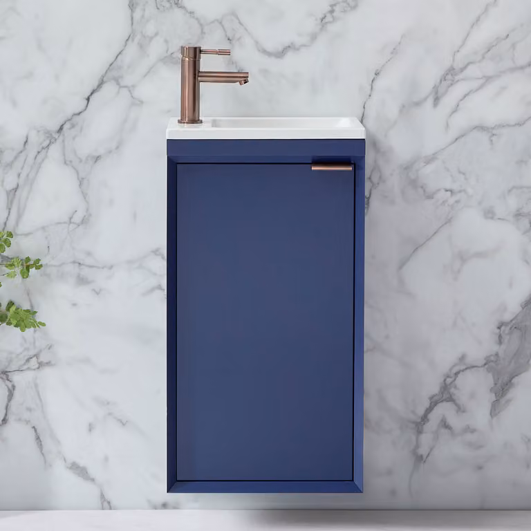 Mobile Bagno Sospeso Blu Marino 400mm con Lavabo e Maniglia con Impugnatura a Dito Bronzo Spazzolato - Edge