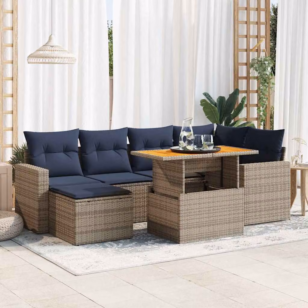 Set di divani da giardino vidaXL 7 pezzi con cuscini grigi e blu in polyrattan e struttura in acciaio con design moderno a forma di L per terrazzo o balcone