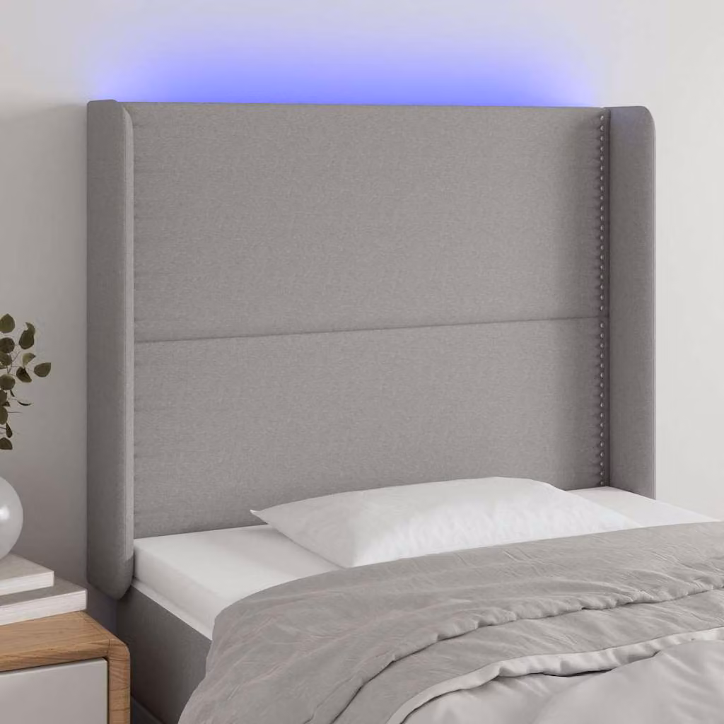 Testiera per letto vidaXL in tessuto grigio con illuminazione LED e porta di ricarica USB, L/P/H: 103 x 16 x 118/128 cm