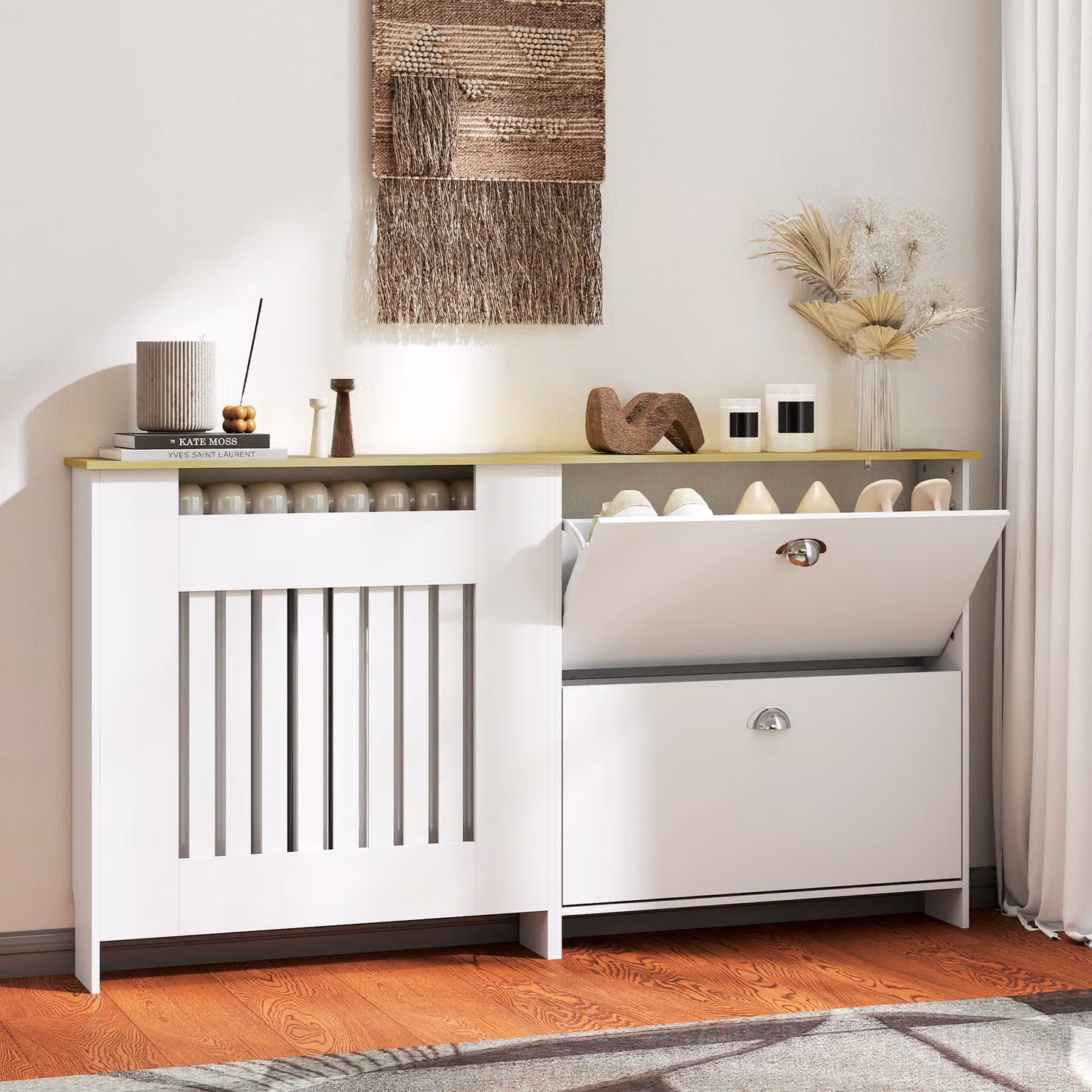 Copritermosifone HOMCOM con scarpiera e 2 cassetti ribaltabili, Bianco, L: 152 cm, H: 81 cm, P: 19 cm – 2
