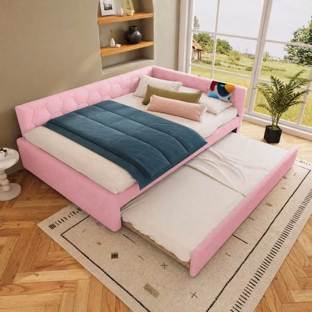 Letto da giorno ULEVR 140x200 cm con letto estraibile, luce da comodino, USB e Type-C, rosa
