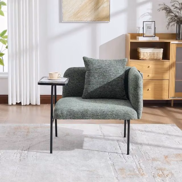 Poltrona con Tavolino Minimal in Tessuto Verde con Vano Contenitore e Struttura in Metallo