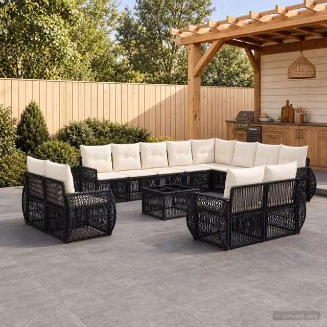 Set Divano da Giardino vidaXL a forma a U composto da 13 pezzi con Cuscini, Colore Nero e Bianco Crema – 1