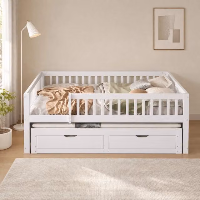 Divano letto 140x200 cm con letto estraibile; 2 cassetti e sponde di sicurezza; bianco