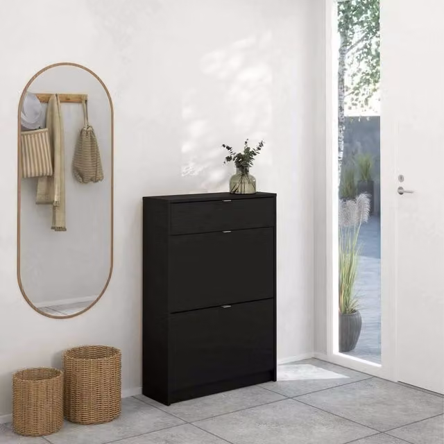 Scarpiera Theophile DMORA, Mobile porta scarpe e armadio da ingresso moderno in MDF, Nero, L: 70,3 cm, P: 24,05 cm, H: 101,25 cm – 1