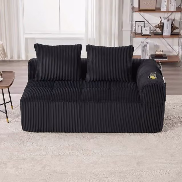 Divano 158x93x61 cm con tasche laterali e portabicchieri in corduroy nero