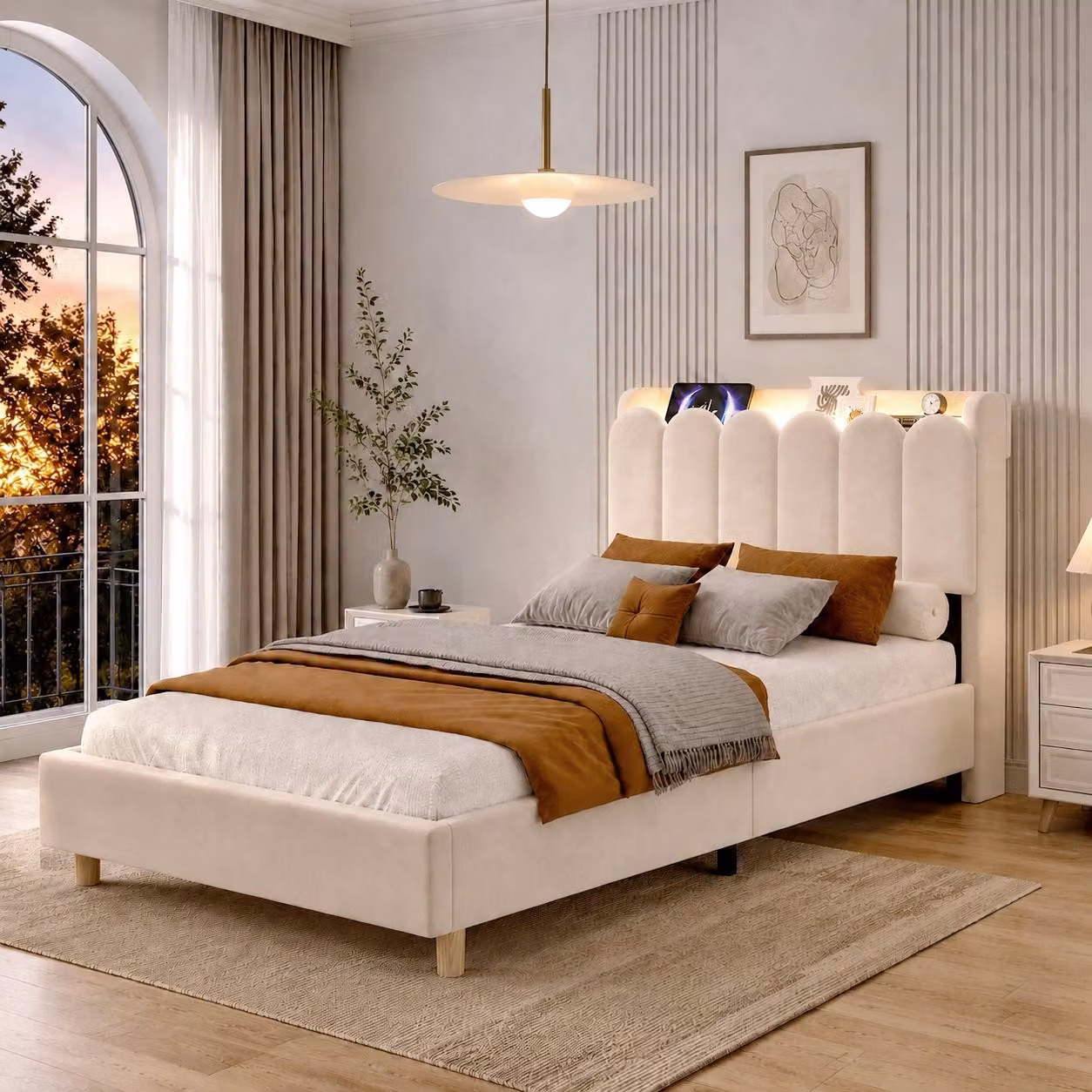 Letto imbottito Merax 90x200 cm con lampada da lettura, letto singolo con rete a doghe, testiera imbottita, stazione di ricarica USB e di tipo C, letto per bambini, in velluto, color beige