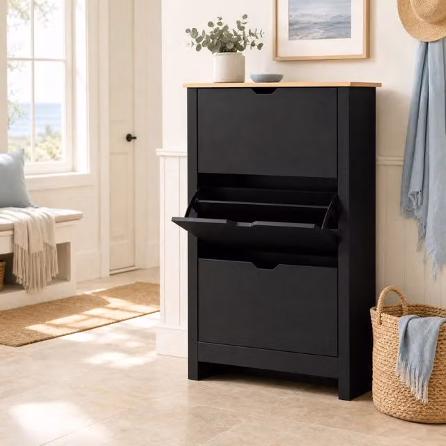 Armadio Porta Scarpe 3 Ante Battenti con 2 Ripiani in Truciolato E1 Nero e Naturale 72x26x112 cm