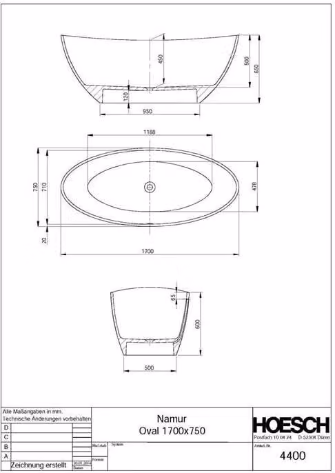 Vasca da bagno Namur 1700 x 750 x 450 mm, freestanding, bianca
