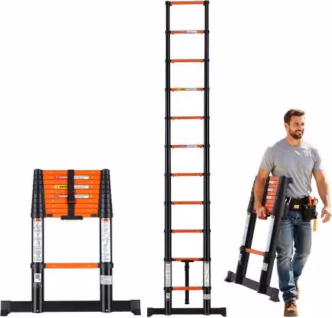 VEVOR Scala Telescopica 322 cm in Alluminio Portata 150 kg Arancione e Nera, Scala Telescopica Retrattile, Chiusura a un Pulsante, Gradini Antiscivolo, Ideale per Pittura, Pulizia Finestre e Camper