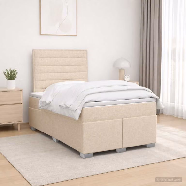 Letto box spring vidaXL con materasso a molle insacchettate in tessuto beige e bianco L: 200 cm, P: 120 cm, H: 140,5 cm