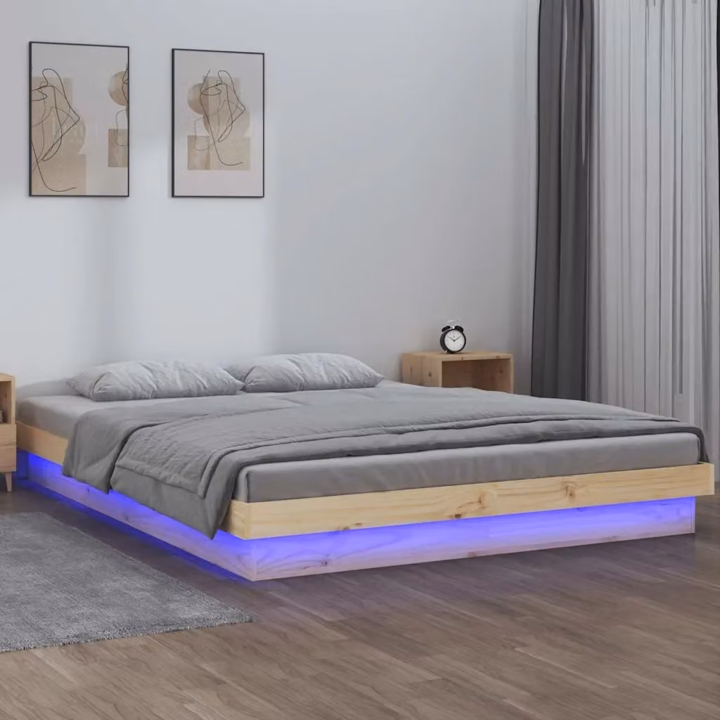 Letto matrimoniale King Size in legno massello di pino con illuminazione LED e porta USB, stile rustico, L 150 x P 200 cm – 2