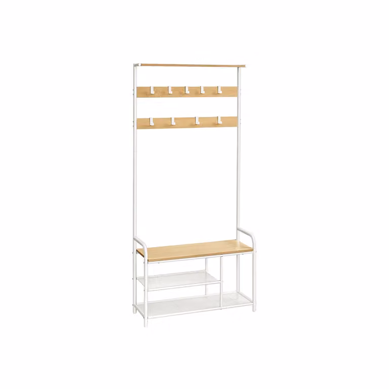 Appendiabiti con Scarpiera, Mobile Ingresso con 9 Ganci Rimovibili, Panca, Mensola, 30 x 85 x 180,5 cm, Rovere+Bianco