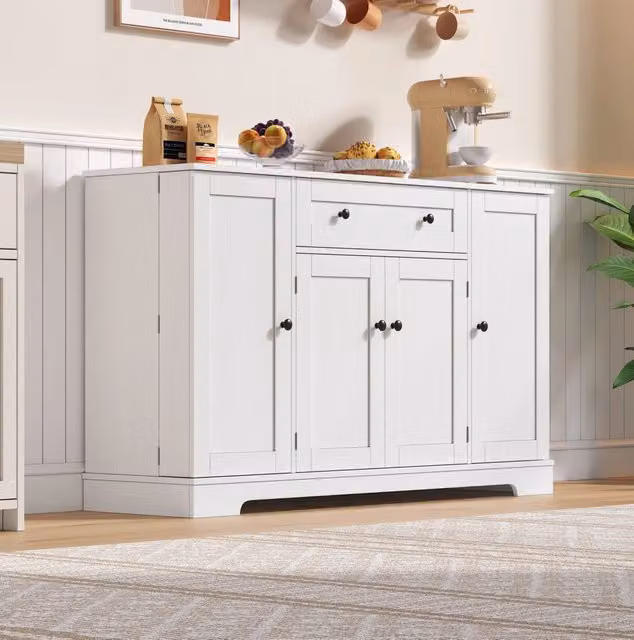 Credenza bianca 138 cm con cassetto, ante e sistema antiribaltamento