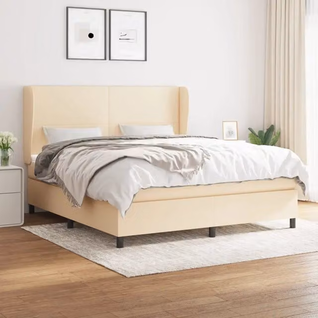 Letto Ibrido vidaXL con Giroletto a Molle e Materasso in Tessuto Beige e Bianco L/P/H: 160 x 200 x 23 cm