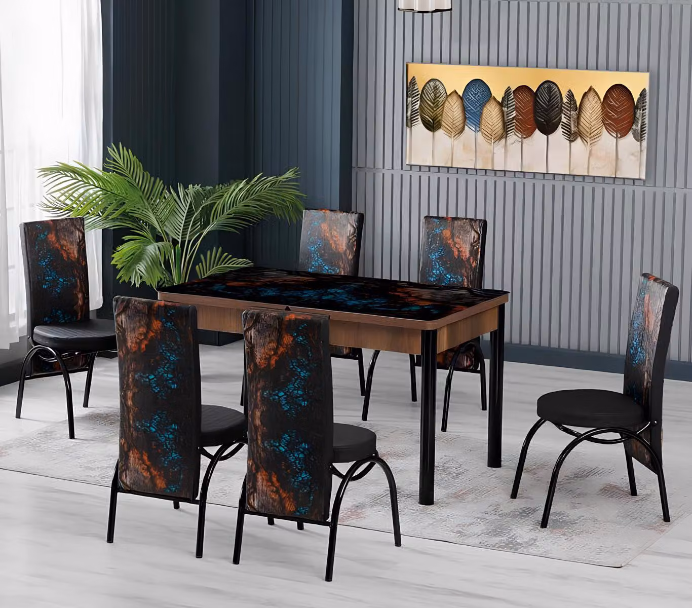 Tavoli da pranzo, set da pranzo, sedie, forma rettangolare, multicolore, design moderno