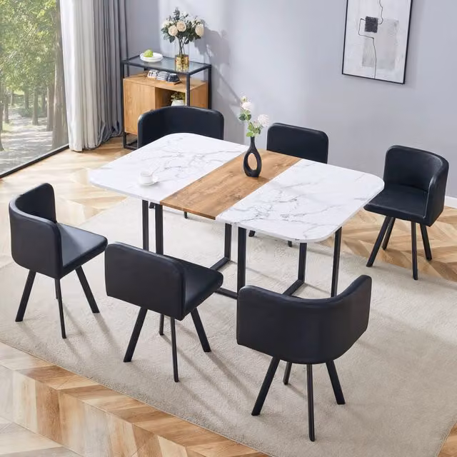 Tavolo da pranzo allungabile con 4 sedie, struttura in MDF e metallo, bianco, nero e legno naturale