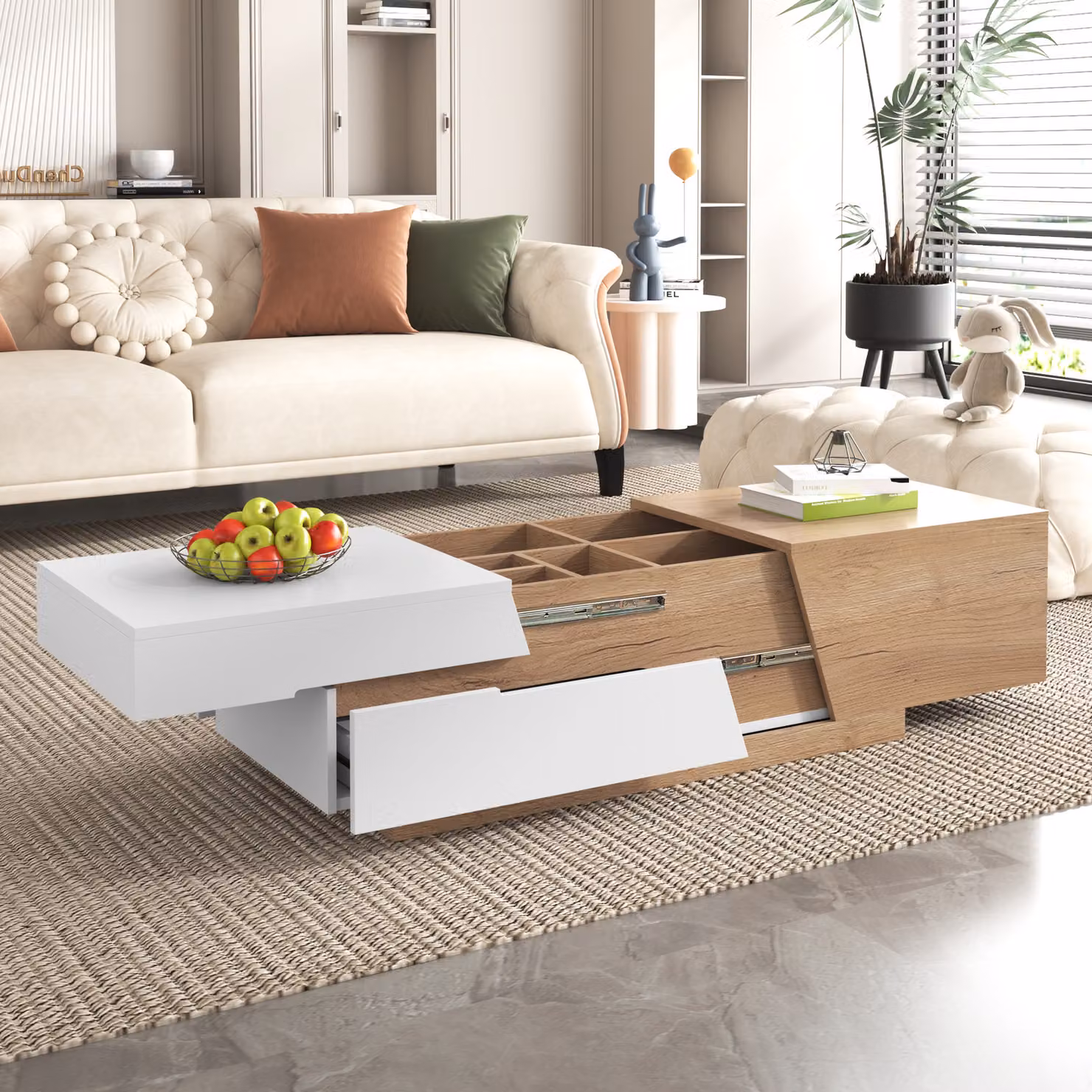 okwish Tavolo da conferenza rettangolare, tavolo contenitore, tavolo da soggiorno con contenitore per soggiorno, tavolo contenitore con motivo a blocchi di colore, bianco