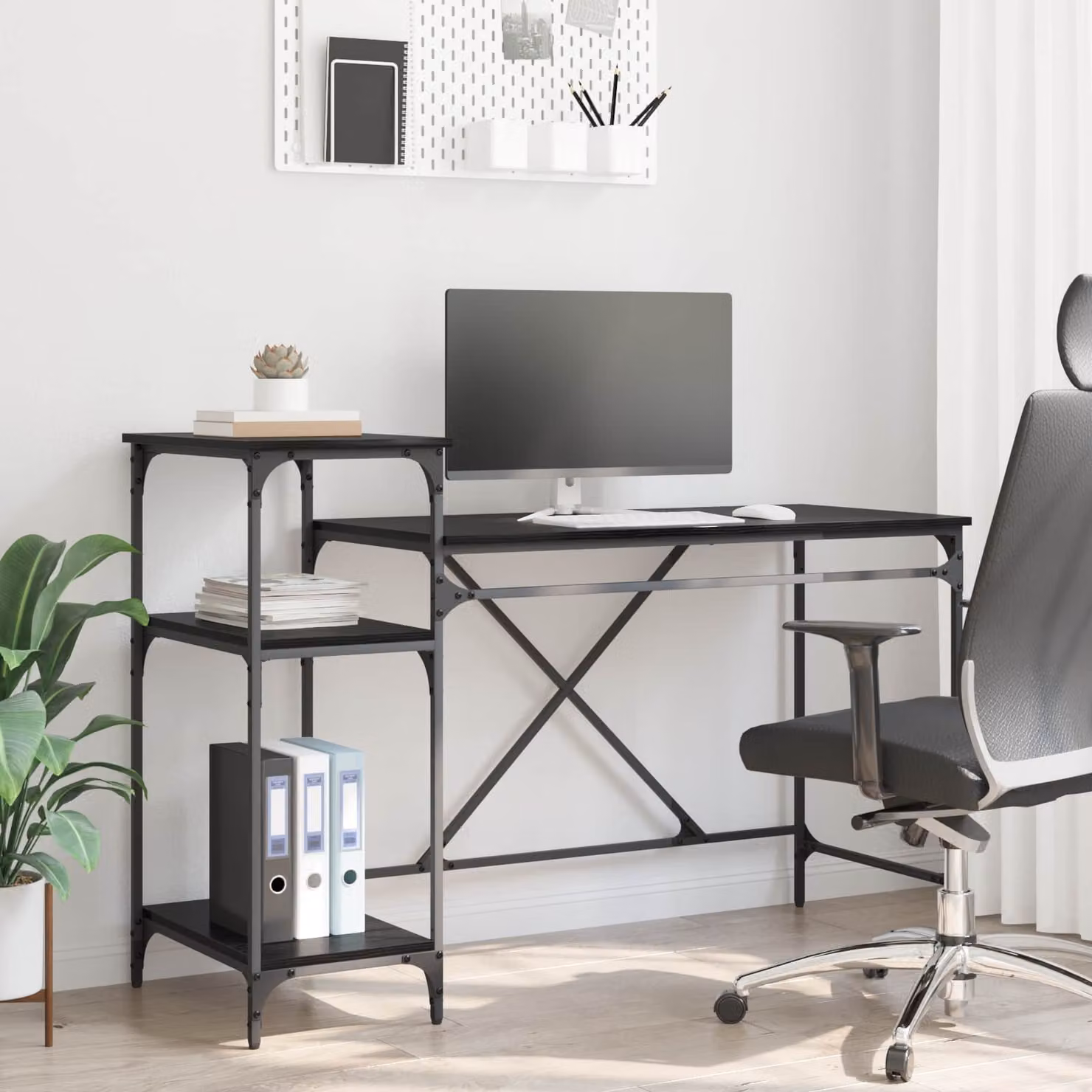 Scrivania da ufficio vidaXL in stile industriale, colore nero, realizzata in legno ingegnerizzato e metallo, L/P/H: 135 x 50 x 90 cm