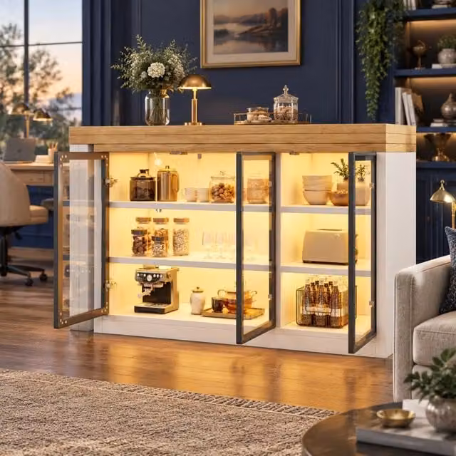 Tavolo da pranzo multifunzione con mobile laterale girevole a 360°, sistema luce colorato, tavolo isola cucina allungabile bianco