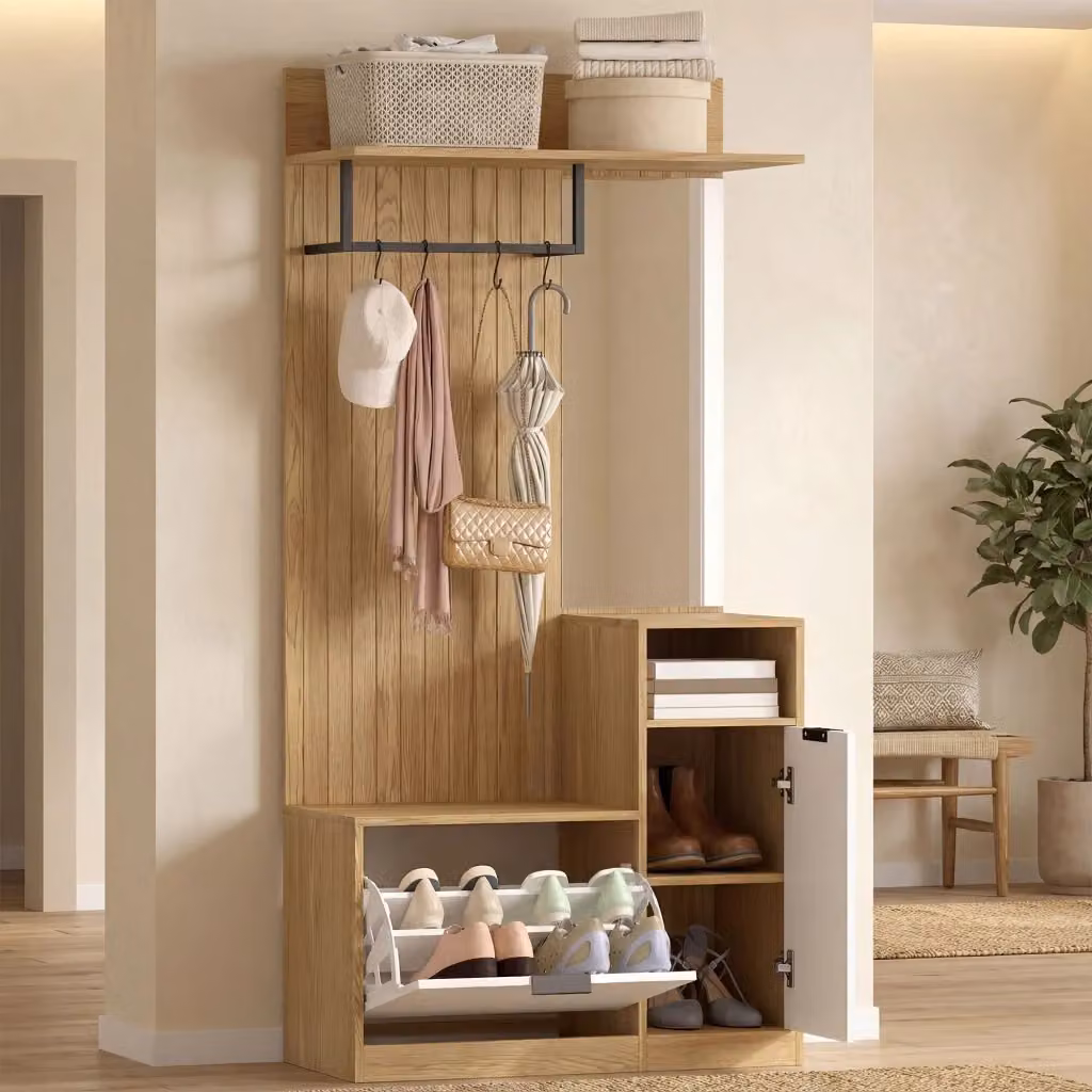 Mobile Appendiabiti da Ingresso Giordanoshop con Panca, Scarpiera e Armadietto in MDF e Metallo, Colore Rovere e Bianco, L: 80 cm, P: 37 cm, H: 168 cm – 2
