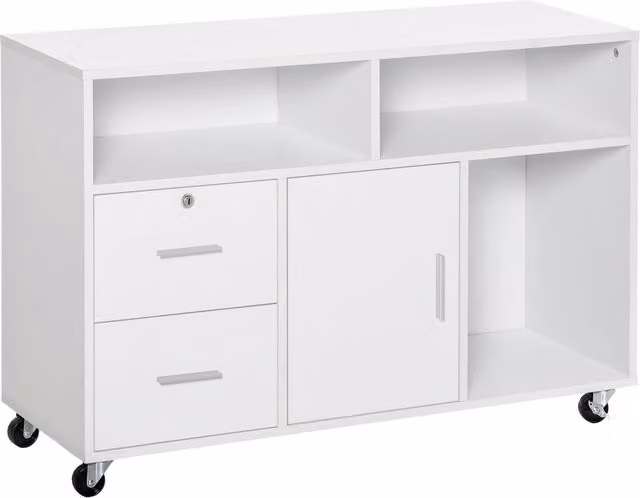 Mobile cassettiera da ufficio Xylo con ruote e ripiani, bianco, L 100 cm x P 35 cm x H 65 cm