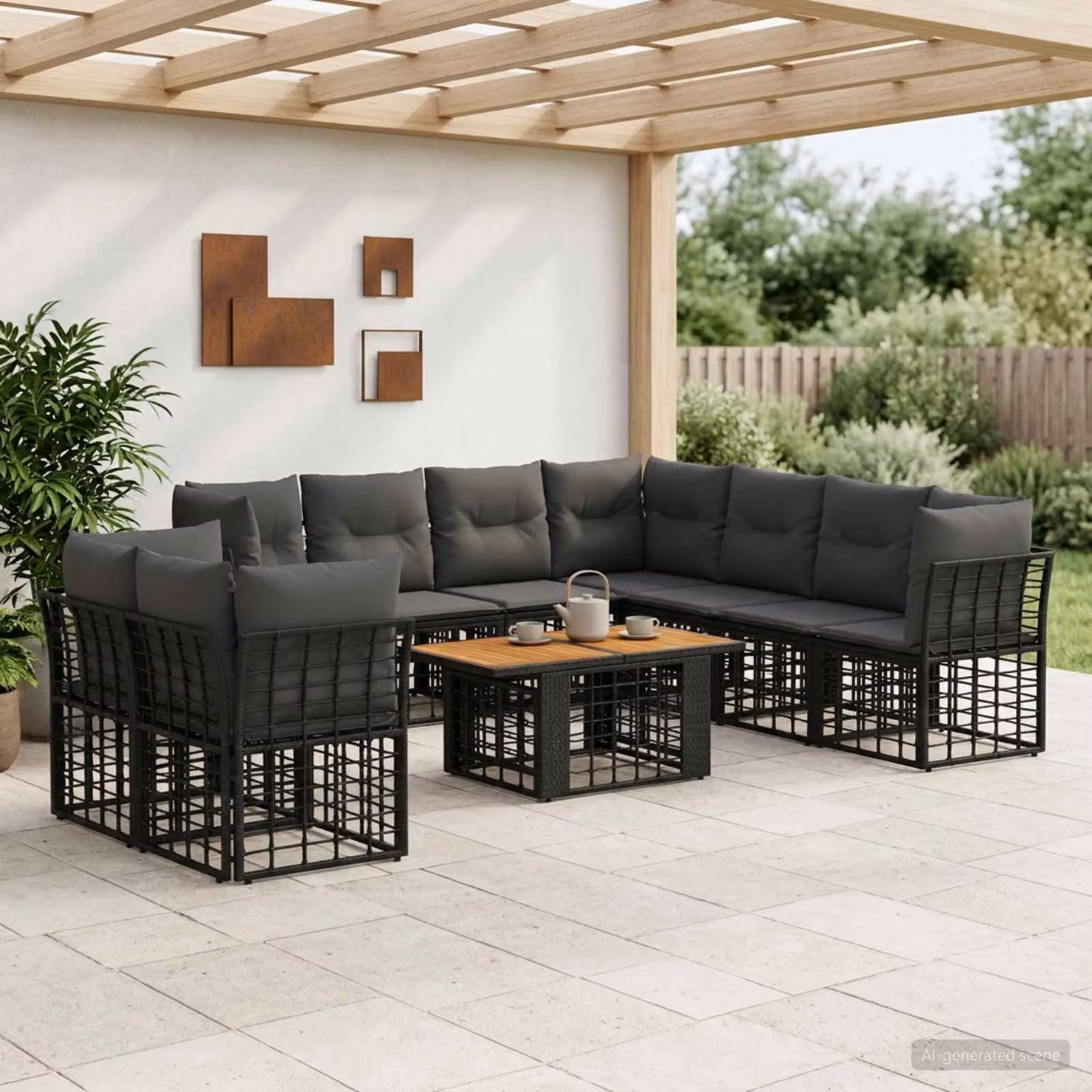 Set Divano da Giardino vidaXL in Polyrattan 10 Pezzi con Tavolino e Cuscini, Colore Nero e Grigio scuro