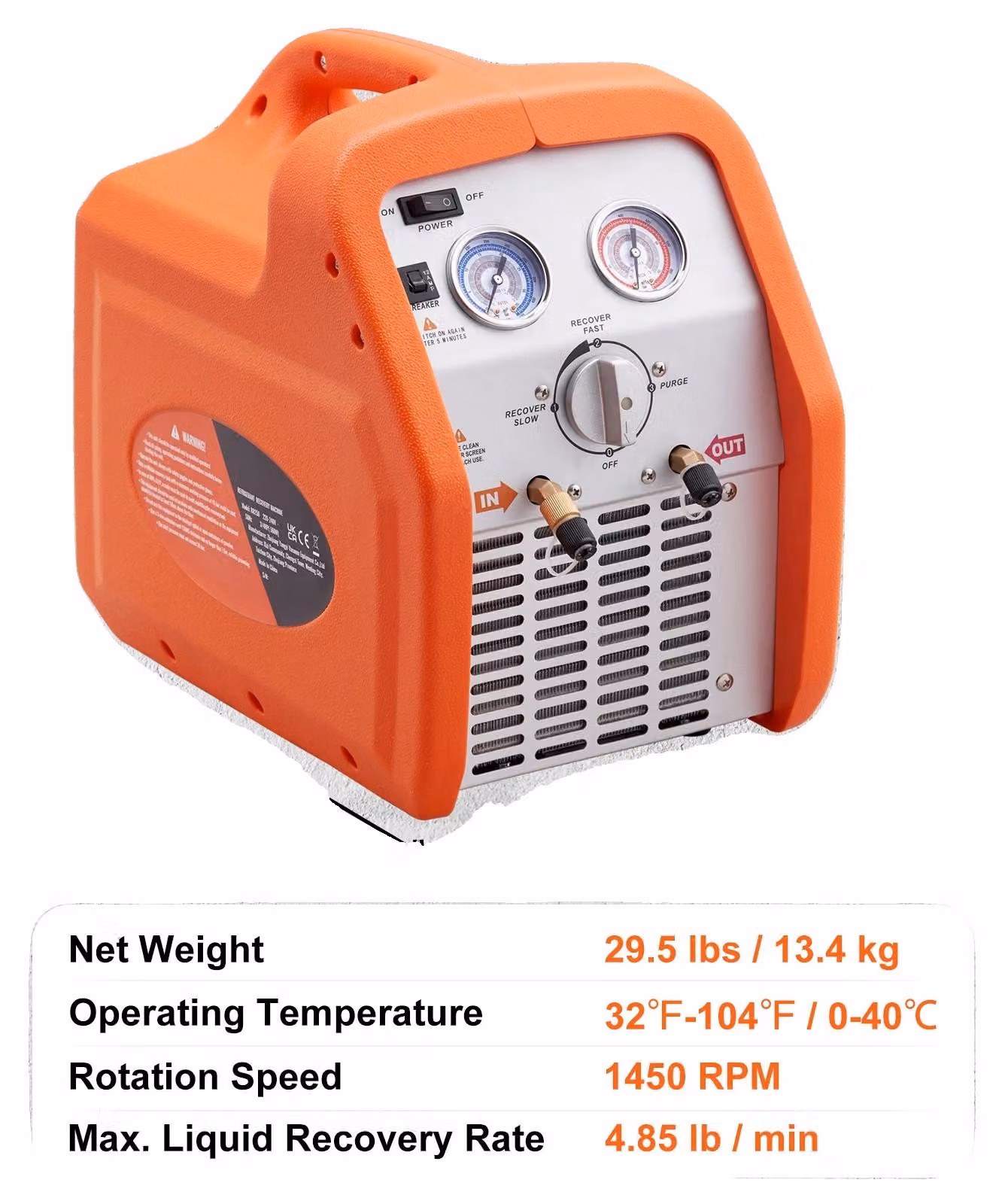 Macchina per il recupero di refrigeranti, prestazioni altamente efficienti, compatta e portatile, colore arancione, potenza 3-4 cavalli