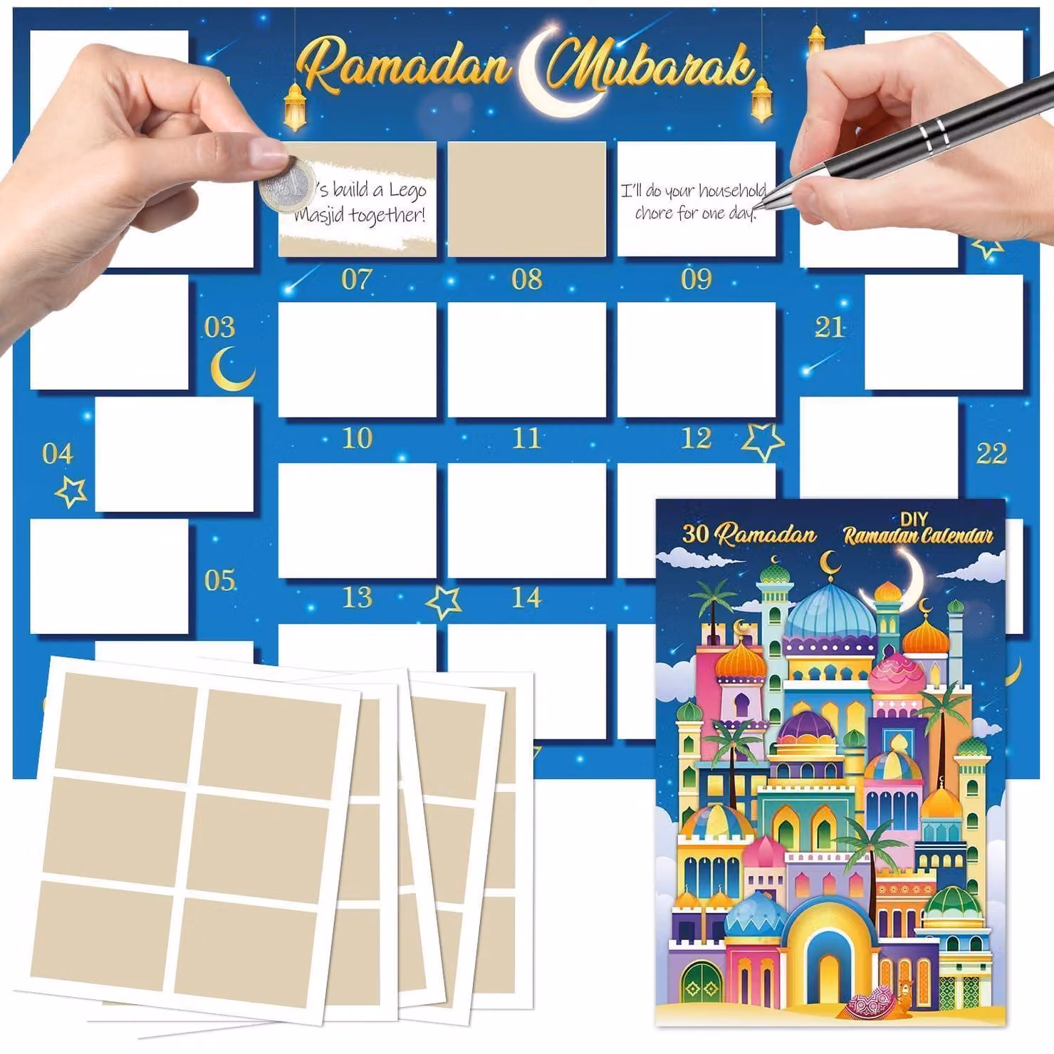 Calendario del Ramadan, lavagna da grattare da riempire autonomamente, 30 giorni, formato 27x36 cm, con 30 adesivi da grattare