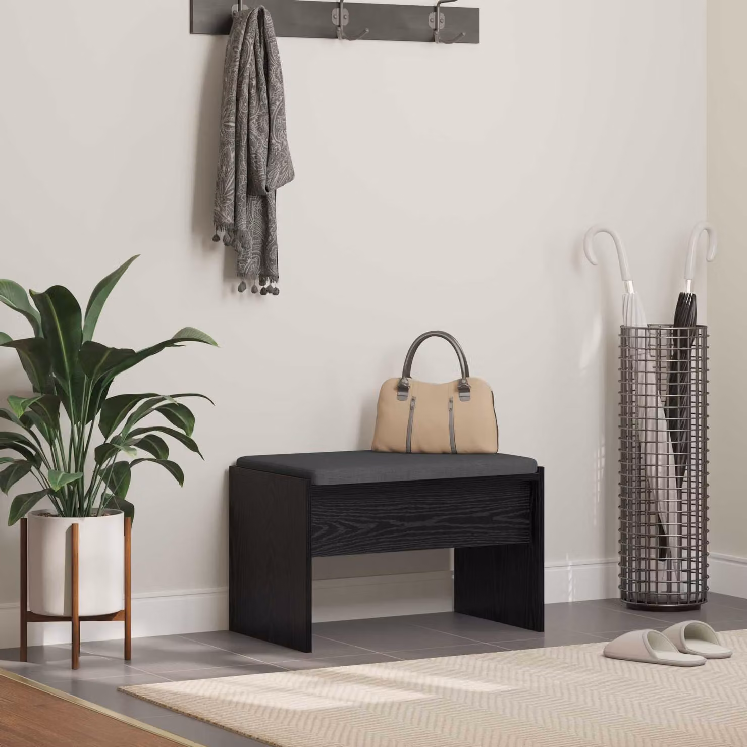 Panca per ingresso con scarpiera e cuscino vidaXL in Rovere e Nero L: 63 cm, P: 38 cm, H: 40 cm