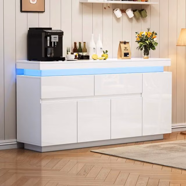 Credenza e madia LED con 4 ante, 2 cassetti, 10 vani e ripiani regolabili per soggiorno, bianco, 140 × 35 × 72.5 cm